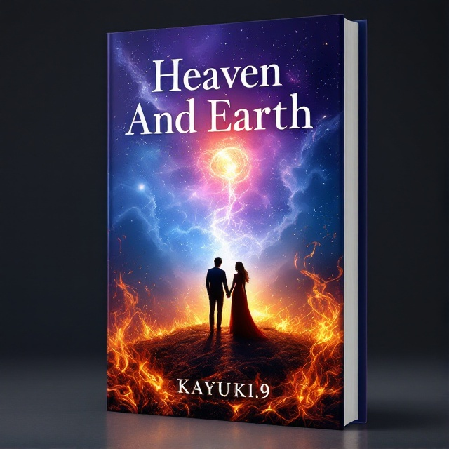 A dramatic scene depicting an ethereal landscape merging heaven and earth, with a foreground of vibrant fire and swirling wind. The sky transitions from deep blue to purple with hints of gold and orange flames. Silhouetted figures of a couple standing in the center convey both distance and connection, embodying emotions of love and longing.