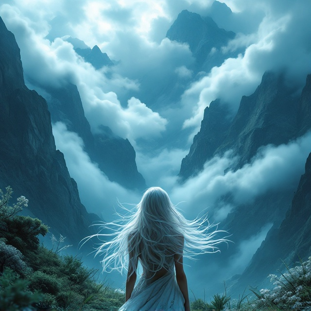 A surreal landscape with towering, majestic mountains reaching into the sky, partially enveloped by ethereal clouds. The scene captures the serenity and mystery of nature's grandeur. In the foreground, a young woman with flowing long white hair stands in awe, her gaze fixed upwards towards the Cloud Peak Wilderness, capturing both the wonder and the trepidation the landscape inspires. The scene is dominated by various shades of blue, conveying a sense of calm and deep introspection. The clouds above seem to blend seamlessly with the woman's hair, further emphasizing her connection to the landscape.