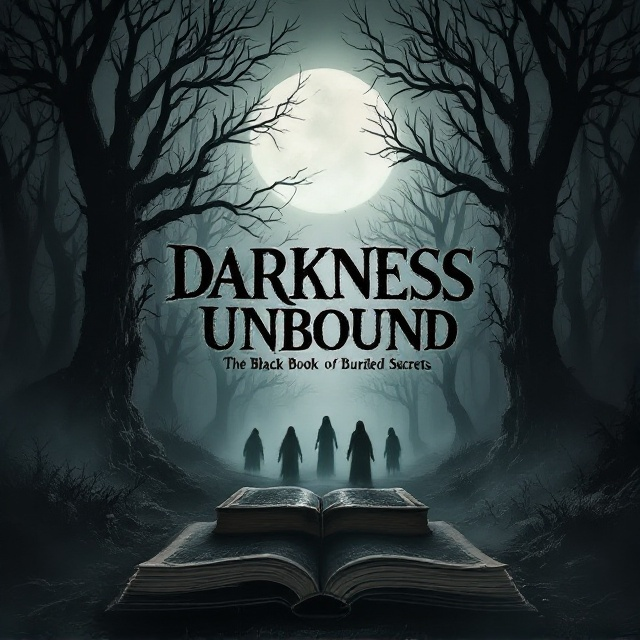 The cover features a desolate, misty forest with silhouettes of distorted, gnarled trees extending upward. These trees frame a shadowy, ancient tome partially buried in the foreground, with eerie, faint ghostly figures hovering around it. A pale, full moon casts an unsettling glow over the scene, creating elongated shadows that weave through the trees.