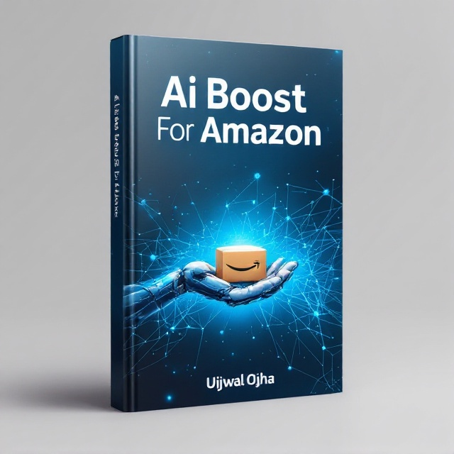 A sleek, modern cover featuring an abstract network pattern symbolizing AI, with interconnected nodes and lines. The electric blue background provides a vibrant and striking canvas, while a stylized image of a robotic hand gently holding a small Amazon package is centrally positioned to represent the book’s theme. The overall design conveys a sense of modern technology and innovation.