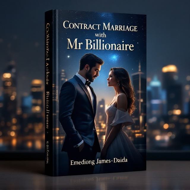 The cover features a sophisticated, urban cityscape in the background, with a night sky glittering like a galaxy over a sleek, modern skyline. In the foreground, the billionaire stands in a tailored, exquisite suit, exuding confidence and power, with subtle symbols of wealth like a gleaming wristwatch and luxury car keys peeking out of his pocket. He gazes intently at a simply dressed woman, whose understated elegance is highlighted by a flowing dress that flutters gently in a soft breeze. Their eyes are locked, capturing a moment of profound connection and curiosity.