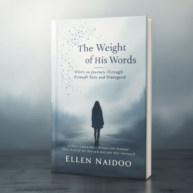 A solitary figure of a woman is depicted on the cover, facing away and gazing at a vast, foggy horizon. Her silhouette merges with the muted grays and blues of a watercolor background. A thin trail of scattered words drifts into the air, symbolizing the weight of her husband's words. This trail continues to stretch across the cover, subtly sucking the light and color out of the surroundings.