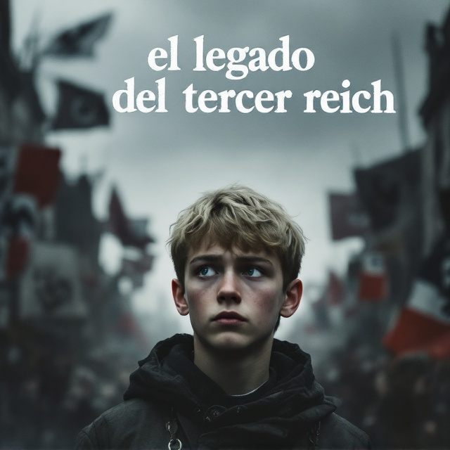 The cover features a somber, cinematic scene reminiscent of a historical film. In the foreground, a solemn, blonde-haired, blue-eyed adolescent boy gazes off to the side with a puzzled expression. Behind him looms a cityscape drenched in grey tones and shadows, peppered with menacing Nazi flags and propaganda posters fluttering ominously. The sky is overcast, casting a dubious light over the city, emphasizing the bleak and oppressive atmosphere.
