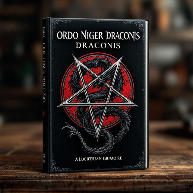 A medieval style dragon with twisted, elongated features, meticulously detailed in black, coiled within an inverted pentagram. The encompassing circle is a vivid red, contrasting starkly against the deep black background to enhance the foreboding and mysterious aura. The pentagram's sharp lines and dragon scales illustrate a balance of power and fear.