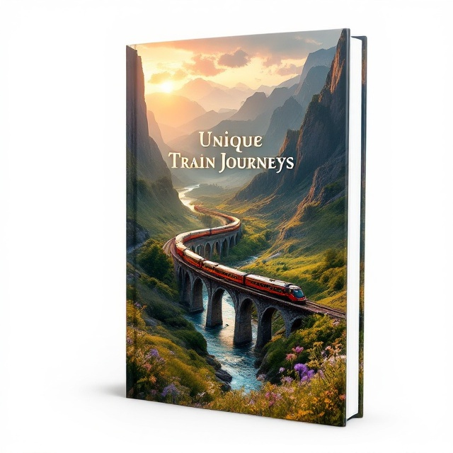 A striking scene depicting a train snaking through a pristine valley surrounded by towering mountains and lush greenery. The train crosses a bridge over a glimmering river, reflecting the warm, golden hues of the setting sun. The foreground features wildflowers swaying in the breeze, while the background captures the vast horizon merging with a clear, majestic sky. The imagery conveys motion, tranquility, and adventure all at once.