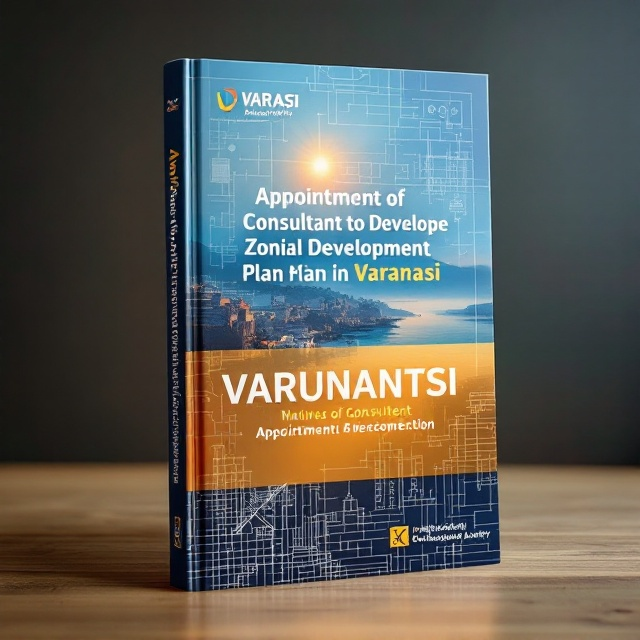 A vibrant yet professional blend of a panoramic photograph of Varanasi's iconic ghats along the Ganges River, infused with subtle line-art elements symbolizing architectural blueprints in the background. The upper part features the rising sun to signify progress, while a faint watermark of the Varanasi Development Authority logo overlays the blueprint designs. The background merges warm earthy tones with a touch of gradient blue reflecting the sky and the river.