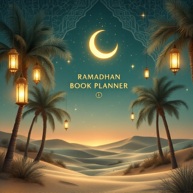 A serene, moonlit desert landscape with soft glowing lanterns hanging from date palm trees. The focus is a golden crescent moon in the top-center, symbolizing Ramadan, with intricate Islamic geometric patterns subtly embossed in the background. A slightly muted earthy color palette of turquoise, gold, and soft beige dominates, evoking peace and reflection, while a sleek, minimalist clock symbol is embedded subtly to hint at time management.