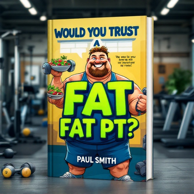 A vibrant and humorous gym scene featuring a cartoonish overweight personal trainer holding a barbell in one hand and a salad bowl in the other, smiling confidently. The backdrop consists of gym equipment like dumbbells, kettlebells, and treadmills, illustrated in bold, colorful tones. A motivational quote is subtly included in the background as part of the wall design. The title is prominently placed across the middle of the cover, with playful typography that emphasizes the light-hearted yet educational tone.