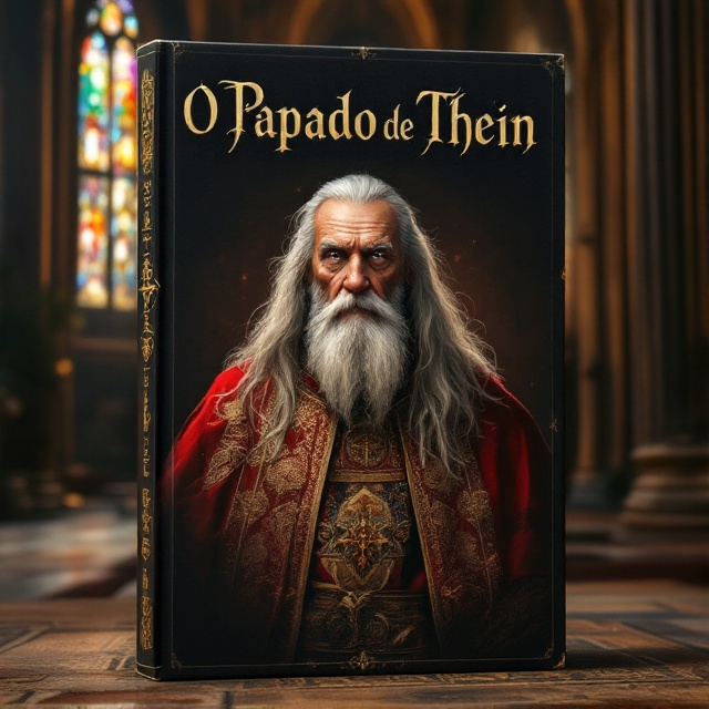 The cover features a striking illustration of an elderly Pope with long, flowing grey hair and piercing light eyes. He is garbed in ornate medieval papal vestments, rich with intricate gold embroidery. The background depicts a dimly lit interior of a Gothic cathedral, with towering arches and stained glass windows casting gentle, multicolored light across the scene. The overall palette is a mix of deep reds, golds, and subtle shadows, lending a serious and historical ambiance.