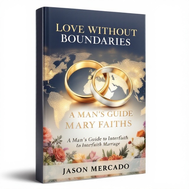 A serene yet vibrant cover featuring an intertwined gold and silver wedding band overlaid on a softly glowing world map. The map is designed so that countries subtly blend into one another, symbolizing cultural unity. The background shifts from a deep navy blue at the top to a warm off-white at the bottom, suggesting hope and connection. A soft bouquet of culturally diverse flowers (e.g., cherry blossoms, marigolds, roses) cascades in the background, gently framing the wedding bands.