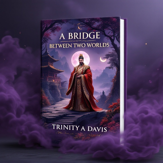 A majestic Asian emperor stands on a stone bridge connecting two lush landscapes, one depicting an ancient imperial palace and the other a mysterious, mist-shrouded realm. The bridge is intricately carved with dragon motifs, glinting faintly under the glow of a crescent moon. Dark purple smoke swirls around the background, giving depth and an ethereal feel. The emperor’s robes are regal in gold and red, with a crown adorned with jade accents.