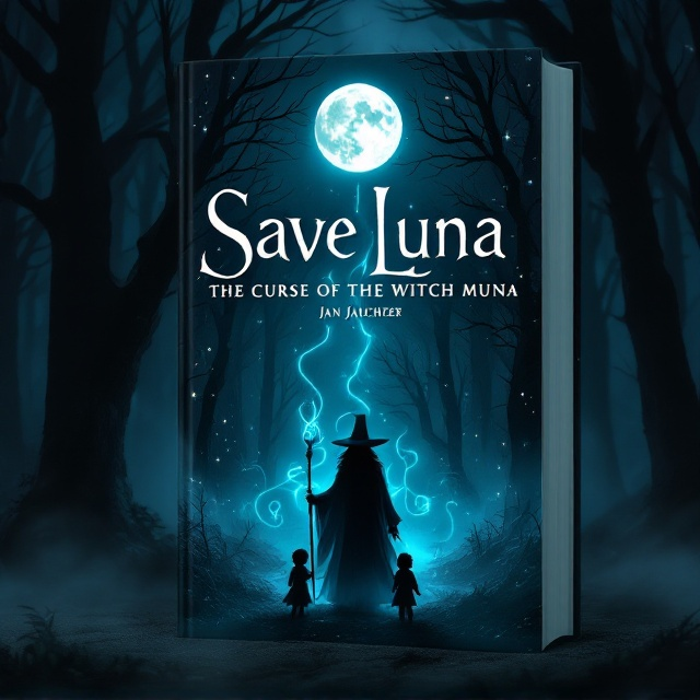 Set in a shadow-heavy dark forest with dense, ghostly trees, the cover features a glowing full moon piercing through the branches. In the foreground, the silhouette of a mysterious witch, slightly veiled by fog, stands with her staff glowing faintly. A faint mystical blue aura snakes through the air, forming otherworldly symbols that hint at magic. The essence of friendship is subtly represented by two small, adventurous figures at the base of the witch’s silhouette, standing side by side in defiance. The scene is bathed in hues of black and deep blue with faint trails of vibrant magic swirling around.