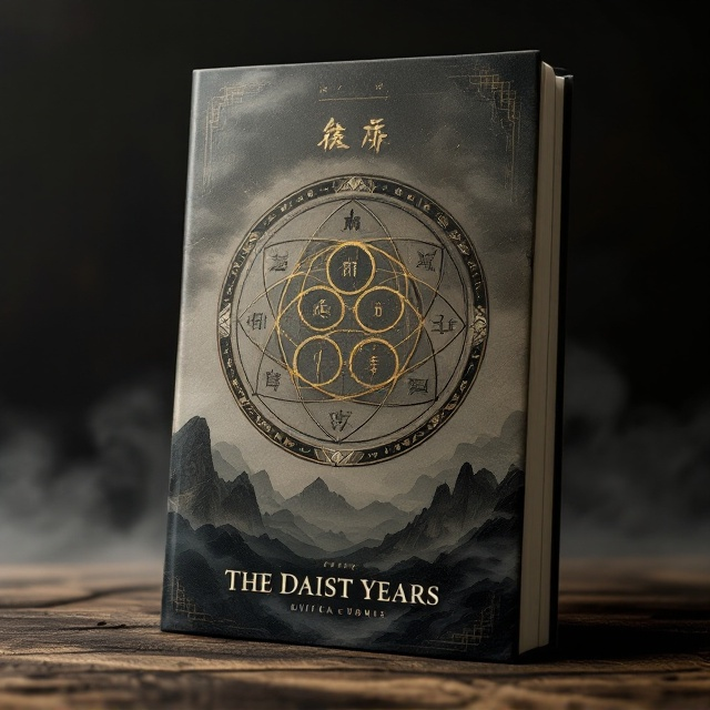 The book cover features a dark, muted background resembling aged parchment, evoking a sense of antiquity and mystery. At the center of the design is a prominent, intricate diagram of the eight trigrams, illustrated with brushstroke-style linework, appearing slightly worn to reflect a traditional Chinese aesthetic. Surrounding the trigrams is a smoky haze effect, fading outward into the parchment-colored background. Subtle details such as faint Chinese calligraphy characters and ornate border designs run along the edges of the cover, providing cultural depth. A faint shadow of mountains rises mid-background for additional texture and dimension.