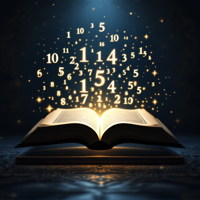 A mysterious and ornate design featuring intricate patterns reminiscent of Islamic art encircling a silhouetted open book. The backdrop is a gradient of deep blues and golds, symbolizing mystery and enlightenment. At the center, ethereal glowing numbers float around the open book, representing the numerical approach to memorization.