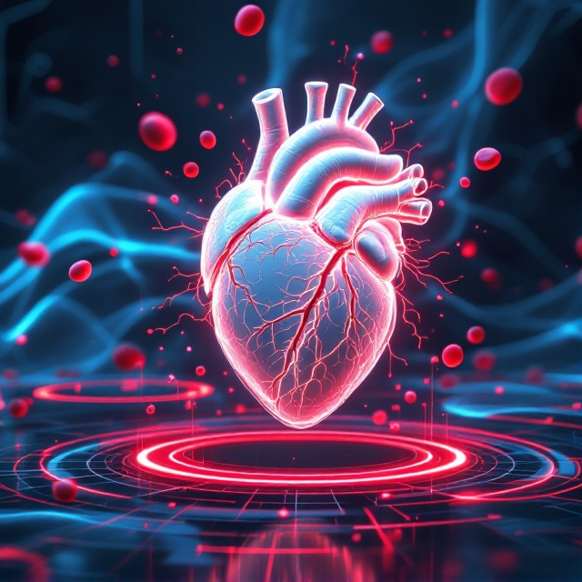 The cover features a striking, ultra-realistic depiction of a surreal anatomical heart at its center. The heart is white and textured, with intricately detailed, glowing red veins symbolizing dynamic blood flow. Surrounding the heart are neon-red circular energy rings and floating blood cells, creating a vibrant, scientific, and slightly cybernetic atmosphere. The backdrop consists of deep blue and grey abstract waveforms intertwined with digital grid patterns, enhancing the depth and high-tech medical aesthetic. The overall design conveys a sense of mystery and innovation, fitting for a science and technology book.