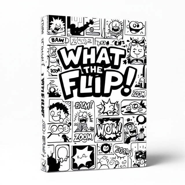 The cover features a dynamic collage of various comic-style panels, each with black and white illustrations depicting amusing characters in action. At the center, bold comic elements like exaggerated sound effects ("BAM!", "WOW!", "ZOOM!") are encapsulated in speech bubbles. The overall arrangement is energetic and captures the eye with its mix of patterns and lines.