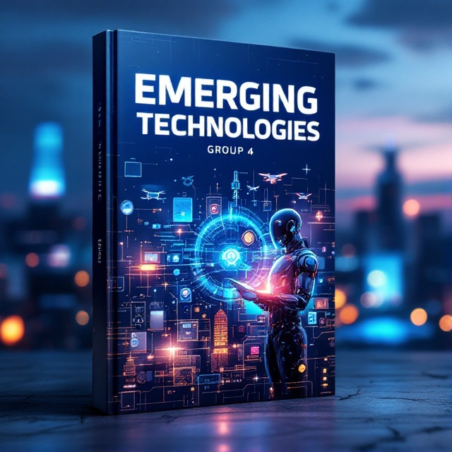 An array of advanced technological elements like sleek robots, hovering drones, glowing tablets, and holographic interfaces, set against a futuristic cityscape at dusk. Vibrant blues and silvers dominate the palette, creating a cool and high-tech feel. Nano technologies are subtly integrated into the background texture, giving a sense of depth and complexity.