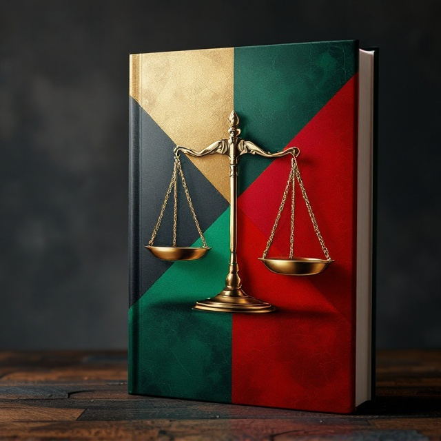 A striking image of the scales of justice is central, occupying a significant portion of the cover. This image is divided diagonally, with the left side in a deep, rich green and the right side in a bold, commanding red. The scales are rendered in a metallic gold, adding prestige and a sense of authority. A subtle, abstract pattern overlays the green and red sections, suggesting complexity and depth in legal matters.
