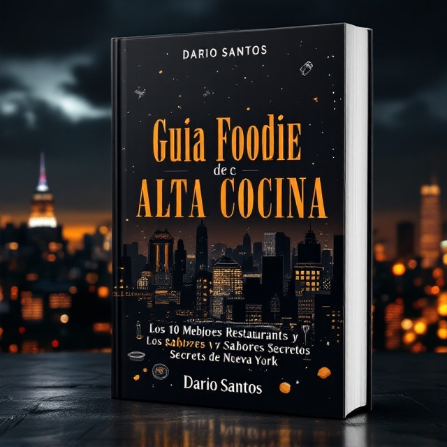 A nighttime skyline of New York City with iconic landmarks like the Empire State Building and Brooklyn Bridge in silhouette against a mysterious black sky. Illuminated windows form patterns reminiscent of culinary utensils. Scattered around the skyline are subtle hints of gourmet dishes, like a small plate of artisanal cheese or a glass of fine wine, seamlessly blending into the cityscape.