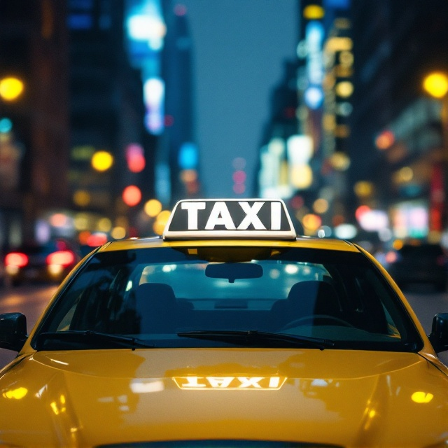 A nighttime city scene with the blurred lights of skyscrapers in the background. The front of a bright yellow taxi dominates the foreground, with its headlights casting a glow on the street. The white taxi top light is prominently displayed, with the word "TAXI" illuminated. The ambient city lights create a moody, reflective atmosphere that gives a sense of motion and urban life.