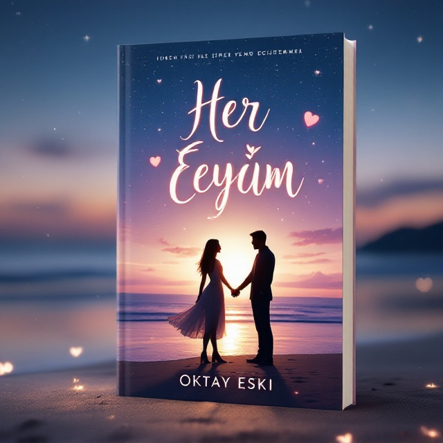 The cover features a serene beach at sunset with a silhouette of a couple holding hands in the foreground. The sky is filled with softly glowing stars and a slight gold hue from the setting sun. Pastel colors, including soft blues, purples, and pinks, dominate the image, enhancing the romantic ambiance. Delicate heart motifs are subtly integrated into the design, adding a touch of intimacy.