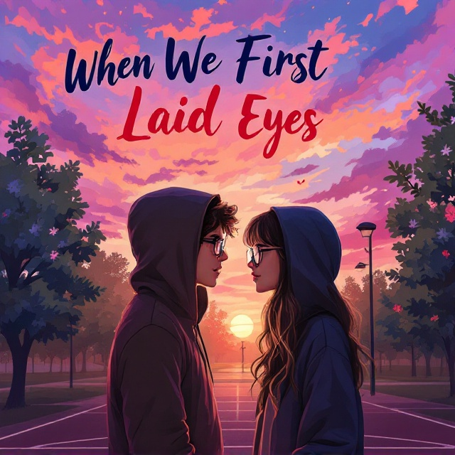 The cover features a beautifully illustrated scene of a local park's basketball court at sunset. The vibrant colors of pink, red, and purple blend into a dreamy sky with hints of blue, creating an enchanting backdrop. In the foreground, the hot hooded boy and the beautiful girl stand face to face, captured in a moment filled with connection and intimacy. The girl's clear glasses catch the light, giving her an intelligent sparkle, while the boy's hood adds an air of mystery. Their attire contrasts with the rich shades of the background, highlighting their figures amidst the lush greenery and court lines.
