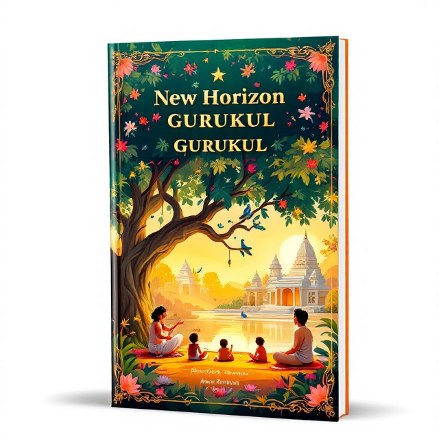 A vibrant illustration of a traditional Indian Gurukul scene, set under a sprawling Banyan tree. Children in traditional attire are sitting on the ground, engrossed in learning from an ancient guru. The backdrop showcases elements like a temple silhouette, peacocks, and lotus flowers, emphasizing Indian culture. Bright, warm colors dominate the palette to capture a lively and inviting atmosphere.