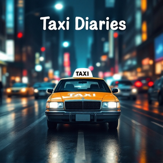 A front-facing view of a classic yellow cab taxi occupies the center of the cover. The taxi's iconic white top light prominently displays the word "Taxi" in bold black letters. The background is a blurry, soft-focus cityscape at night, evoking a sense of movement and life. Hints of neon lights and skyscraper outlines create an ambient city glow, enhancing a sense of nighttime urban mystery. The lighting focuses on the taxi, giving it a bright, almost spotlight effect against the muted, darker background.