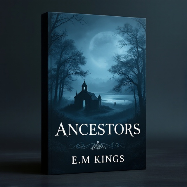 A romantic, misty dusk scene takes center stage, with the silhouette of an ancient, crumbling chapel surrounded by the eerie shadows of tall trees. In the background, the outline of an isolated isle is mirrored in a serene body of water. The faint image of a family tree emerges from the mist, intertwining with the ruins and adding layers of mystery and history.