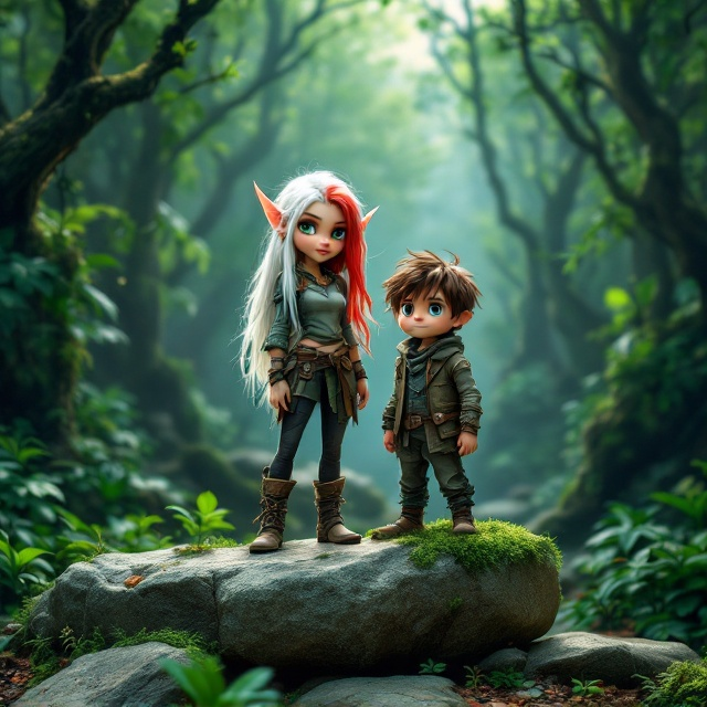The cover features an elf girl and a magician boy standing on a large, moss-covered stone in the foreground. The elf girl, with her distinct long white hair and a bold red streak, has one green and one light blue eye, wearing tattered but stylish clothes that convey a sense of adventure. The magician boy, beside her, is depicted with short, messy brown hair and intense green eyes. The background is a lush, enchanting forest teeming with mystical plants and animals. The colors are vivid, with a dominance of green, enhancing the magical feel.