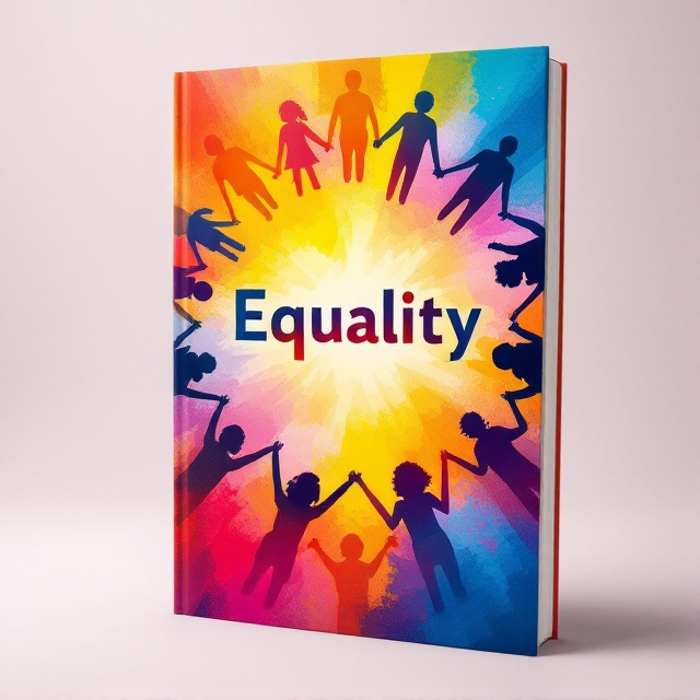A vibrant, colorful abstract scene with silhouettes of diverse people holding hands, forming a circle in the center of the cover. The background is a gradient of bright, cheerful colors, symbolizing diversity and unity. The title "Equality" is prominently placed within the circle of silhouettes, enhancing the theme of harmony among humans.