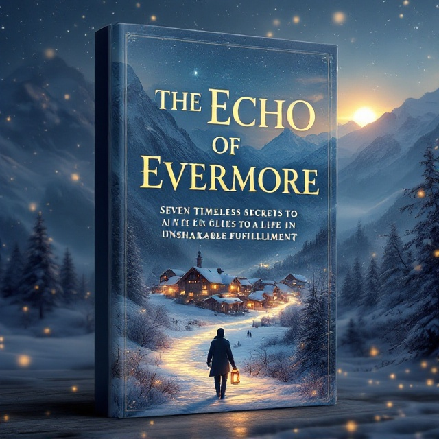 A mystical Alpine village is bathed in twilight, nestled at the foot of snow-capped mountains that merge into a starry night sky. Bioluminescent symbols glow gently along a winding path leading into the village. At the forefront, a lone figure carries an illuminated lantern, casting warm golden tones throughout the scene. The starry sky transitions subtly into a rising sun, hinting at dawn. The color palette features a rich blend of ethereal indigos and warm golds, with intricate details reminiscent of vintage book cover art.