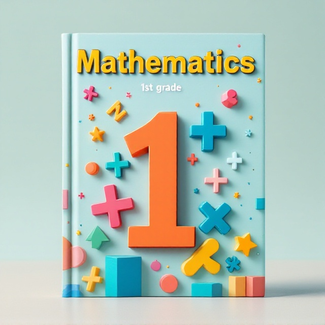 A vibrant and playful cover featuring large, colorful mathematical symbols scattered across the front. In the center, a large number 1 sits prominently, representing 1st grade, surrounded by smaller numbers and math symbols (addition, multiplication signs). The background is a soft pastel color, evoking a sense of calm and focus, with subtle geometric shapes woven throughout to add texture and interest.
