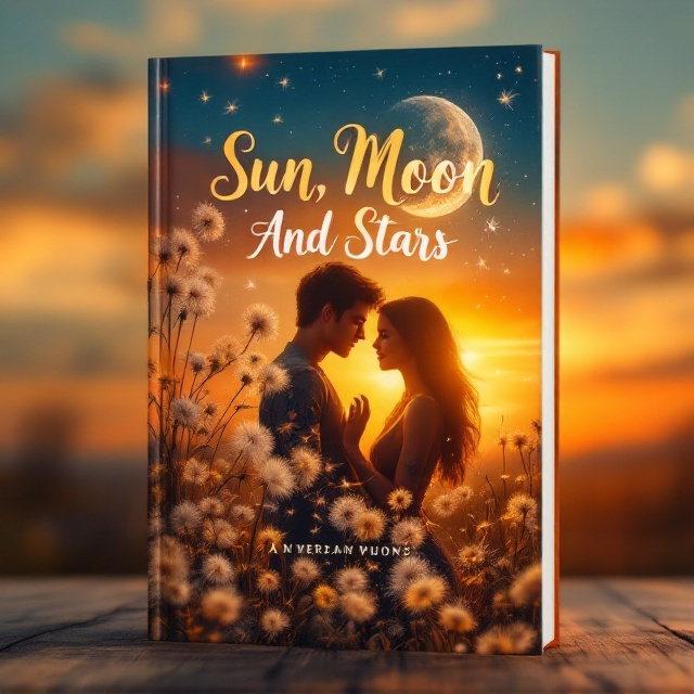 A vibrant scene of a sunset with an ethereal glow, capturing half of the cover. A delicate scattering of dandelions floats from the bottom left leading upwards to a stylized, shimmering moon and twinkling stars in the top right. The figures of a young woman and man are subtly interwoven among the dandelion seeds, both depicted in a gentle, romantic embrace that highlights their tattoos and unique clothing styles. Their features are artistically half silhouetted against the glowing celestial background.
