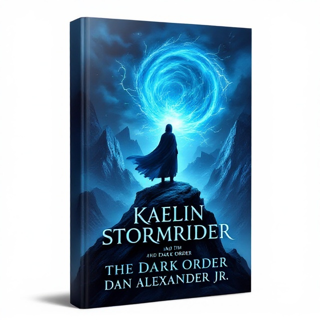 The cover features a lone mage silhouette standing atop a rocky cliff, overlooking a dark, swirling storm. The mage, cloaked in flowing garments illuminated by a mystical blue aura, acts as the focal point. The background portrays jagged mountains under a stormy sky, with flashes of lightning highlighting an ominous dark order emerging from shadowed clouds. Blue and black hues dominate, creating a haunting atmosphere.