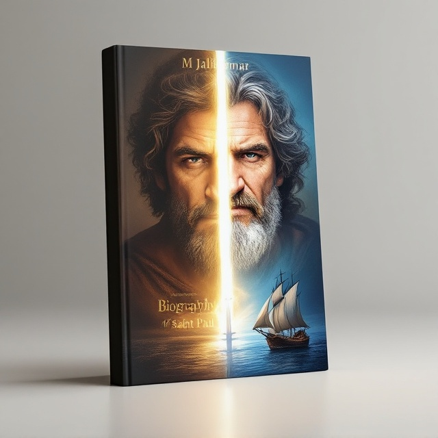 The cover is divided into two distinct halves. On the left, a young and stern Saint Paul is depicted, embodying his early, rigid demeanor. He is illustrated in dark brown hues, a beam of light slicing diagonally across the cover signifies his life-altering conversion. On the right half, a mature and serene Saint Paul is shown, enveloped in soft gold and blue tones that symbolize enlightenment. In the background, a ship sails on a tranquil blue sea, while a sword is faintly imprinted on Paul's earlier image, and a scroll subtly appears next to the mature Paul, each element holding significant symbolism.