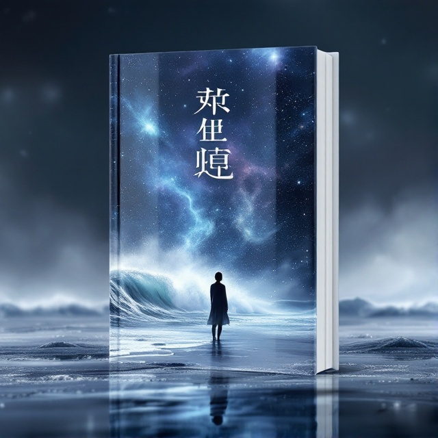 An ethereal seascape with waves crashing against a transparent glass barrier. The background has a swirling galaxy with faint stars shimmering through a gradient of deep blues and purples. A ghostly silhouette stands on the shore, gazing into the cosmos with a sense of longing. Soft mist envelops the glass, conveying an otherworldly and melancholic atmosphere.