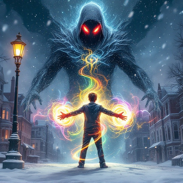 A central image of Prentice Pendleton (a teenage boy) standing slightly below the center of the cover with his arms outstretched as swirling, rainbow-colored energy emanates from his hands. A glowing halo effect surrounds the boy, making him the focal point. Above him, partially obscured by a dynamic blizzard, looms a shadowy figure with glowing red eyes—Chernobog, radiating an ominous presence. In the background, colonial-style buildings, covered in snow, are slightly tilted to create tension. A flickering streetlight on the left side pierces through the snowstorm, while visible, curved wind gusts animate the snow driving through the scene.