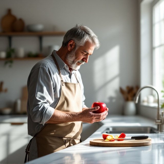 A hyper-realistic modern kitchen is framed with cool neutral tones. The centerpiece of the image is a focused depiction of a middle-aged man wearing a slightly wrinkled apron, his sleeves casually rolled up. He stands in profile, intensely staring at a shining red apple in his left hand while his right slowly maneuvers a peeler, creating a delicate, continuous spiral. The spiral catches the sunlight streaming from a large white-framed window, while shadows play on the marble countertop. Gentle details like the reflection of light on the stainless steel sink and the knife subtly angled on the cutting board add depth and life to the scene. The man's slightly furrowed brow reveals a deeper emotion beneath this seemingly mundane act.