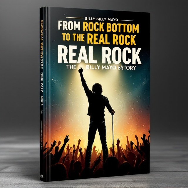 A striking illustration of a rock concert stage from the 1970s occupies the center of the cover. A lead singer, drawn to resemble the essence of Billy Mayo, stands with one arm raised, a mic in hand. The crowd’s hands are seen reaching upward in the foreground, capturing the energy of the concert. The background transitions from the darkness of night into the warm hues of a sunrise, symbolizing hope and a new beginning. The title, “From Rock Bottom To The Real Rock The Billy Mayo Story,” is prominently displayed across the top, with the author’s name, “Billy Mayo,” placed just below within a subtle, spotlight-effect design.