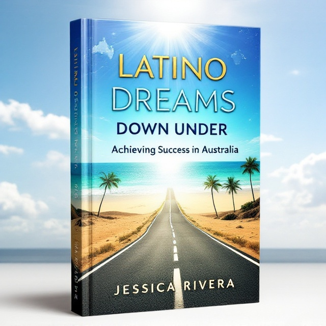 A serene beach with golden sands and turquoise waters, overlaid by a road winding upward, symbolizing a journey of personal growth and success. Silhouetted palm trees and the Australian map subtly embossed in the background provide cultural context. Bright sunlight on the upper portion of the cover hints at optimism and positivity.