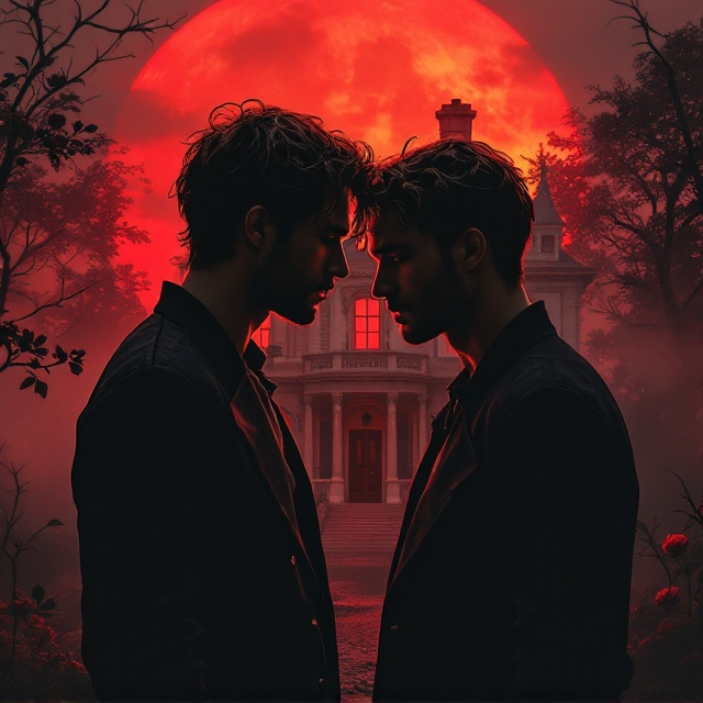A close-up of a beautiful old, slightly weathered house with elegant architecture resting against a burning crimson sunset in the background. Silhouetted in the foreground, two male figures stand partially facing each other, their posture embodying intimacy and unresolved tension. Subtle fog drifts around the house, adding a mystic layer, while fainted roses and thorns curl along the borders of the front cover.