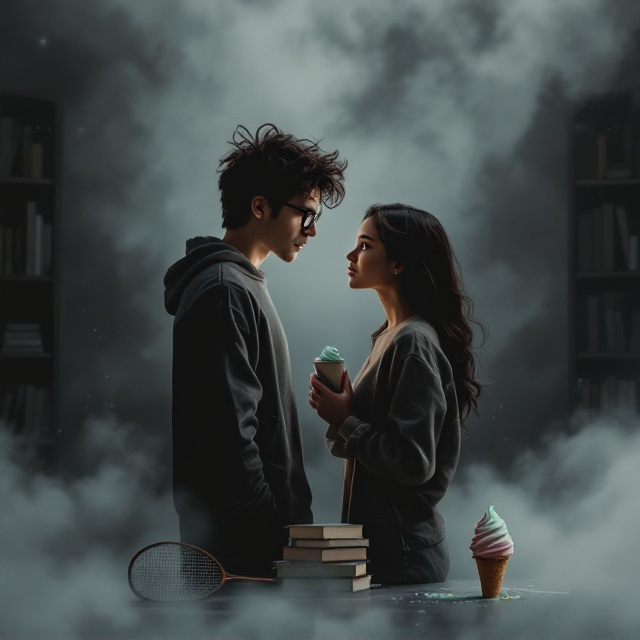 A cloudy, greyish-black background forms the base, with faintly blurred silhouettes of bookshelves on the bottom edges, creating a dreamy, youthful feel. The central focus shows a tall, 5.8 ft nerdy boy with messy hair and glasses, holding a badminton racquet in one hand, rested behind the back of a petite yet confident 5.5 ft brown-skinned girl. She is holding a small stack of books, looking intensely yet with gentle vulnerability into his eyes. Between them, on the floor, is a tipped-over badminton cork, and to their right is a mint-green ice cream cone melting slightly on the ground. Expressions and body language indicate tension with a spark of playful love. Subtle lighting adds depth to the dark tones, with a bright highlight focusing on the face-to-face interaction in the scene.