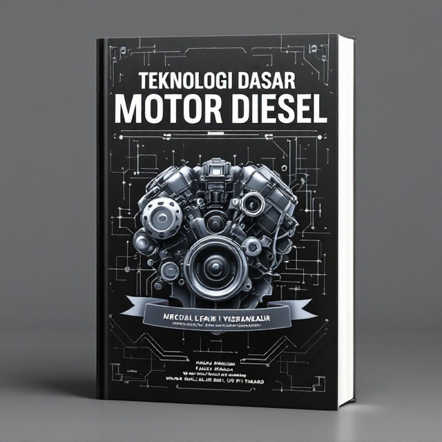 A detailed illustration of a powerful diesel engine, rendered in sleek metallic tones with well-defined parts, takes the center stage. The background is a gradient black to dark gray with a subtle texture resembling carbon fiber. Thin lines mimicking technical blueprints emerge from the engine illustration, creating a futuristic, high-tech feel. Above the engine, the title "TEKNOLOGI DASAR MOTOR DIESEL" is bold and striking, while below it, a banner-style element provides space for the authors' names in a balanced and symmetric layout.
