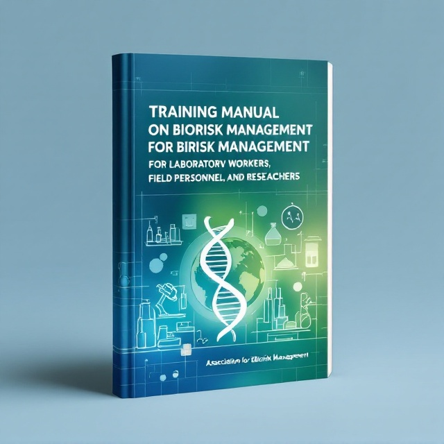 The cover features an abstract depiction of a modern biological laboratory setting. In the foreground, there is a gradient effect blending blue and green hues, representing cleanliness and safety. A stylized DNA helix wraps around a minimalist globe, symbolizing global biorisk management. Layered behind the main visuals is a semi-transparent outline of laboratory equipment—microscopes, test tubes, and protective gear. This creates depth without overwhelming the central image. Subtle gridlines add a scientific, methodical vibe.