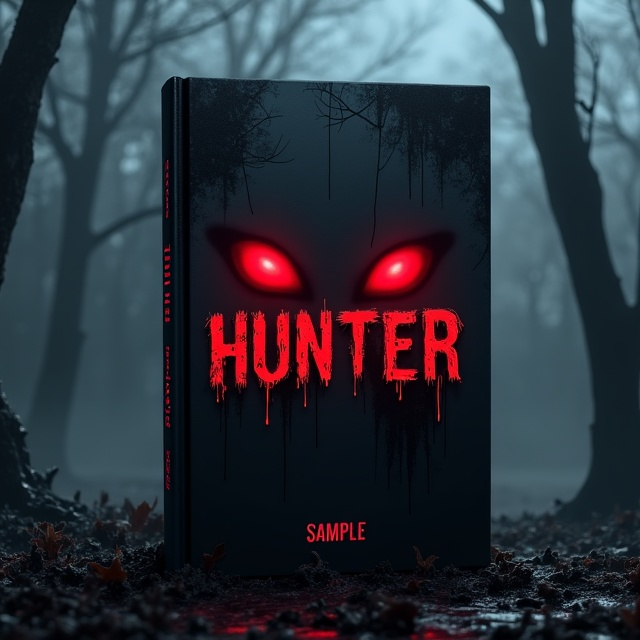 A dark, misty forest at night serves as the background, with ghostly, claw-like tree branches reaching toward the edges. In the middle of the cover, a pair of glowing red eyes are peering from the shadows, surrounded by a subtle smoky mist. Below the eyes, faint but chilling claw marks are slashed across, dripping with blood. The overall color palette includes deep blacks, greys, and blood-red tones to heighten the fear factor.