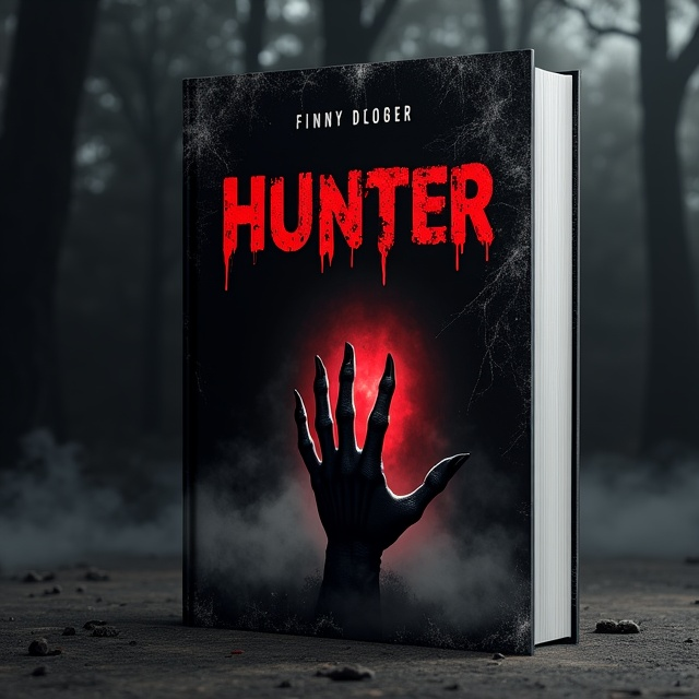 A dark, black background with a clawed hand dripping with blood emerging from the shadows in the bottom-right corner, illuminated by a faint, eerie red glow. Fog subtly creeps across the lower half of the cover, while faint scratches are etched into the edges. The title "Hunter" appears in bold, cracked, blood-red letters across the upper center, with shadowed silhouettes of trees subtly visible in the background, creating a foreboding atmosphere.