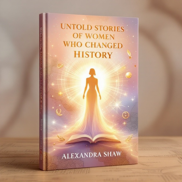 A radiant feminine silhouette stands in the center of the design, glowing in a soft peach and lavender gradient with golden highlights. She is surrounded by dynamic light trails spiraling upward, representing progress through history. Around her are floating symbols, including an open book, a quill, stars, laurels, and a glowing globe. Subtle, textured maps and abstract patterns form the background, giving the design a historical yet timeless feel.