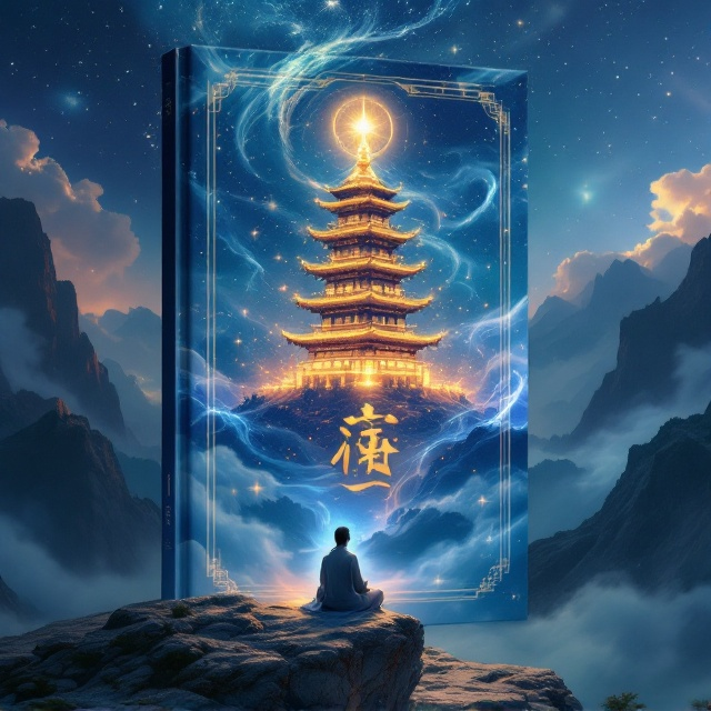 A towering celestial pagoda gracefully rises into the clouds, its tiers glowing with mystic golden light. Surrounding the structure are swirling tendrils of ethereal mist partially revealing a pristine night sky dotted with shimmering stars. In the foreground, a lone figure clad in flowing traditional robes is seen meditating on a rocky cliff—his silhouette exuding a soft blue aura, symbolizing cultivation energy (修仙). The distant rugged mountains fade into shadowy depths, sharply contrasting the brilliant heavenly glow of the pagoda.