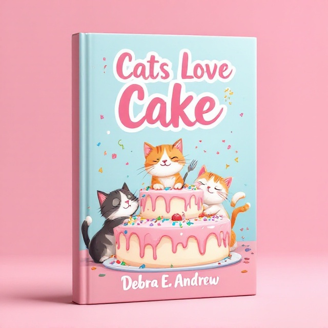 The cover features a bright pastel background, divided into a soft sky-blue upper half and a light pink bottom half. In the center, a charming, cartoon-like illustration of three playful cats sits around a large cake. One cat is mischievously diving into the frosting, another is perched on top balancing a piece, and the third holds a fork with a wide grin. The cake is multi-tiered, covered in colorful sprinkles and dripping icing, exuding a whimsical, joyful vibe. Small bursts of confetti and streamers float around the scene to further emphasize fun and celebration.